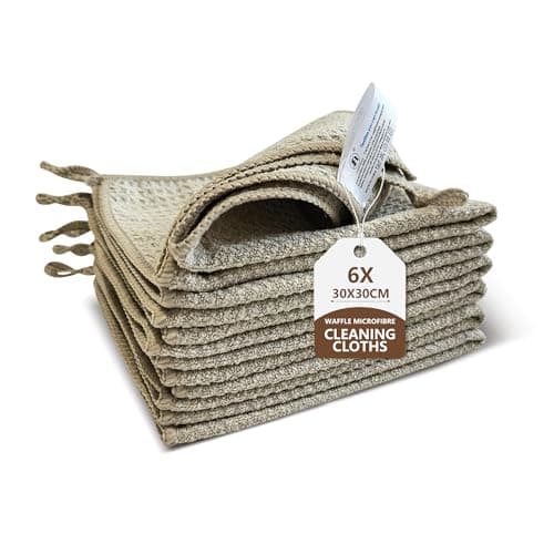 Image of Foyer Nuage 6Pcs Waffle Pattern Microfibre Glass Cleaning Cloth With lanyard, 340GSM, Lint Free Glass Cloth for Polishing Mirrors Stainless Steel, All-Purpose Microfiber Towels(Khaki, 30 x 30 cm)