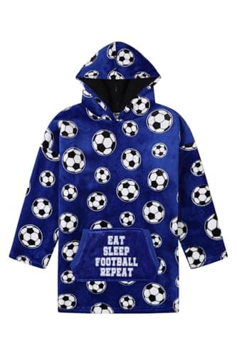 Image of ThePyjamaFactory Boys Eat Sleep Football Blue Fully Lined Luxury Fleece Hoodie, Oversized Fleece Blanket Hoody For Kids 7-13 Years