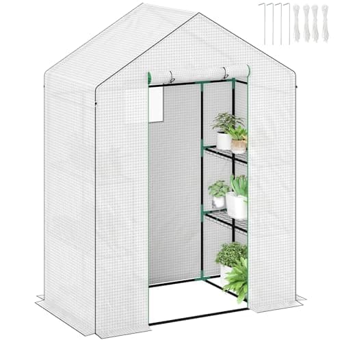 Image of Outsunny Walk-in Greenhouse with 3 Tier 4 Shelves, Small Greenhouse with Reinforced PE Cover, Garden Plant Growhouse with Roll-up Door and Three Mesh Windows, 143 x 74 x 190 cm, White