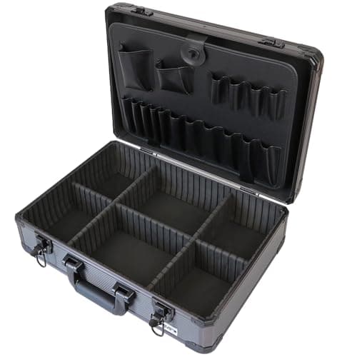 Image of HMF Aluminium Tool Case empty with 17 insert compartments for tools, large toolbox with adjustable compartment layout | 46 x 33 x 15 cm | Anthracite Black