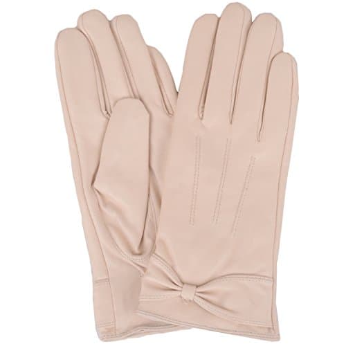 Image of SNUGRUGS Womens Butter Soft Premium Leather Glove with Bow, 3 Point Stitch Desin & Warm Fleece Linning (X-Large (8"), Beige)