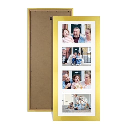 Image of Alison Kingsgate Gold 50x20cm Photo frames for multiple pictures -4 Apertures Collage Frame with White Mount - Holds (4x) 6x4 Photos - Engineered Wood & Perspex