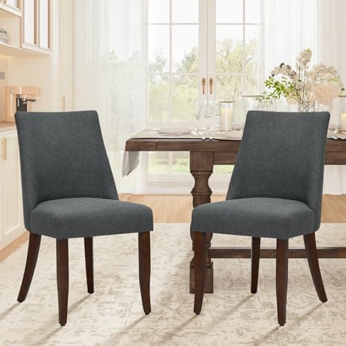 Image of COLAMY Upholstered Dining Chairs Set of 2, Linen Fabric Parsons Dining Room Chairs with Curved Backrest, Solid Rubber Wood Legs, 13cm Thick Padded Seat, Kitchen & Living Room Chairs,Dark Grey