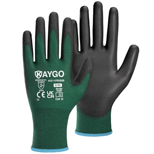 Image of KAYGO Work Gloves PU Coated, Seamless Knitted Gloves with Polyurethane Coated Good Grip, KG11P, Safety Work Gloves for Men and Women, for General Purpose Light Duty Work, DIY (Medium, Dark Green)