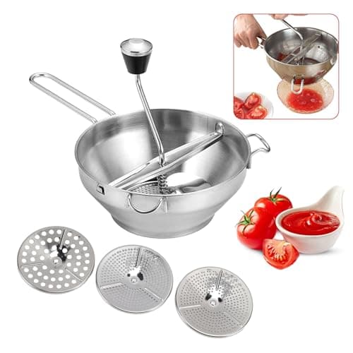 Image of Food Mill Stainless Steel, Food Mill with 3 Discs, Handle Baby Food Grinder Hand Crank, The Perfect Rotary Food Mill for Tomato Sauce, Potatoes, Baby Food or Canned Goods