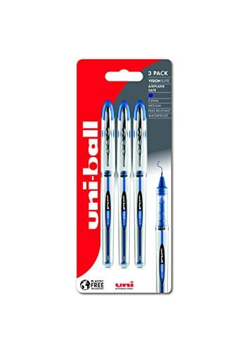 Image of uni-ball UB-200 Vision Elite Rollerball Pens. Premium Medium 0.8mm Ballpoint Tip for Super Smooth Handwriting, Drawing, Art, and Colouring. Fade and Water Resistant Liquid Uni Super Ink. 3 Pack Blue