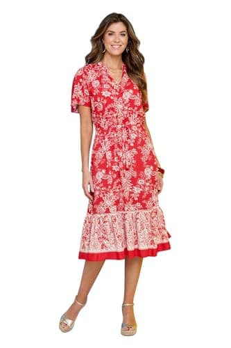 Image of Amber Ladies Border Print Short Sleeve Dress, Lightweight Viscose Midi with Button Front, Elasticated Waist, Mock Tie & Pockets, 44" Length Red 14