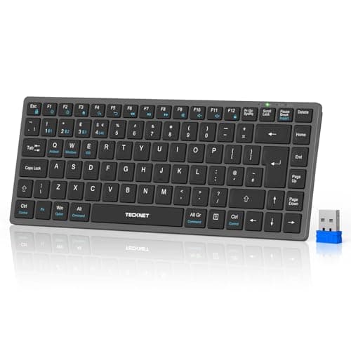 Image of TECKNET 2.4G Wireless Keyboard, Rechargeable Bluetooth Keyboard for 4 Devices, Tri-Mode (3×BT 5.0 + 2.4GHz), UK QWERTY Compact Mini Keyboard, Silent Keys for Laptop, Tablet, Phone,Smart TV–Grey Black