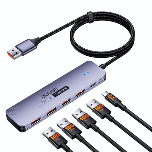 Image of USB 3.2 Hub 10Gbps, QUUGE 4 Port USB Hub (Data Only) with 5V2A Type-C Power, USB 3.2 Splitter Hub 1.2m Braided Cable for Laptop, Desktop, MacBook Air/Pro, PS5 and Surface Pro