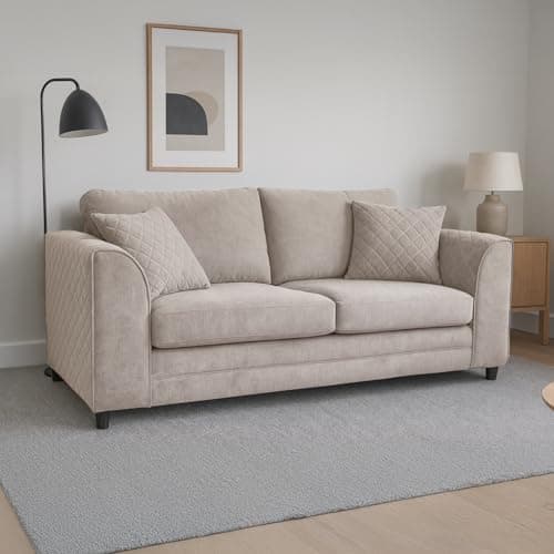 Image of Furnishings For Less UK The Quilted Chenille Fabric Beige 3 Seater Sofa Full Back (Beige, 3 Seater Sofa)