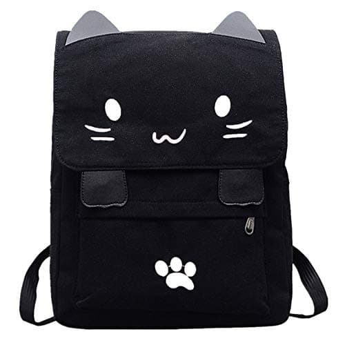 Image of SoonerQuicker Backpack Womens Large Cute School Bags for Girls Cat Embroidery Cartoon Canvas Backpacks Rucksack Travel College University