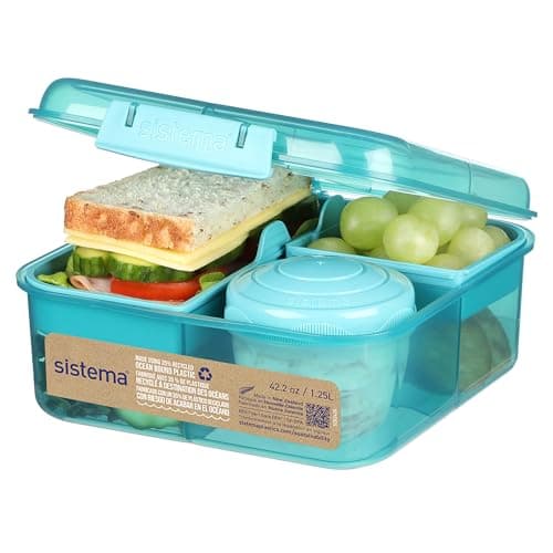 Image of Sistema Bento Box to Go Lunch Box with Yoghurt/Fruit Pot 1.25 L Made Using Recycled Plastic Recyclable with Terracycle Teal Stone