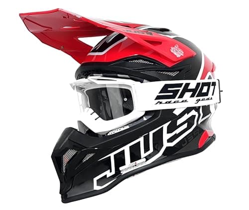 Image of Adults Motocross Helmet Just1 J39 Thruster Red White Black - ECE 22.06 ACU Gold Approved MX Off Road Helmet - FREE MX Goggles (L)