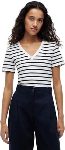 Image of Tommy Hilfiger Women’s Short Sleeve T-Shirt New Slim Cody V-Neck, Multicolor (Breton/ECU/Dark Night Navy), S