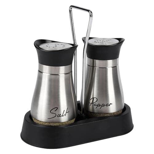 Image of Salt and Pepper Sets,Salt and Pepper Shakers Sets with Holder,Set of 2 Stainless Steel and Glass Bottle Stainless Steel,Salt Shaker Dispenser for Cooking, BBQ (Silver)