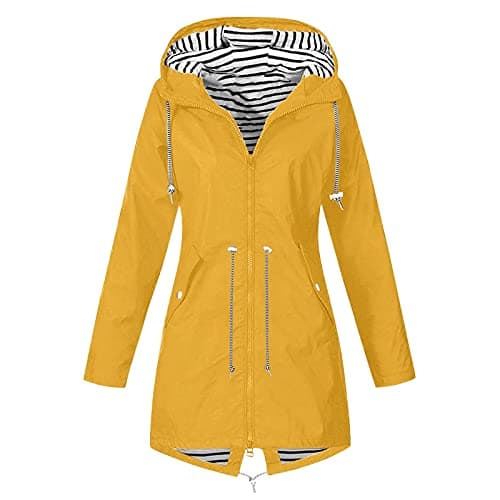 Image of Yellow Rain Jackets Women Windbreaker Ladies Rain Coat Lightweight Windproof Overcoat Zipper Women Winter Jacket Drawstring Zip Up Raincoat Hooded Light Coat With Pocket