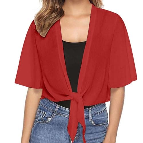 Image of Generisch Cardigan Women's Cardigan Men's Pullover Summer Women's Casual Short Sleeve Thin Chiffon Cardigan Elegant Shoulder Jacket Lightweight Cardigan, red, XL