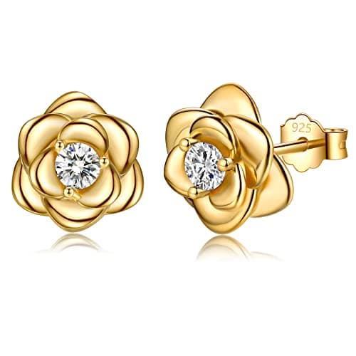 Image of Sterling Silver Stud Earrings for Women, Gold Flower Cubic Zirconia Hypoallergenic Helix Cartilage Earrings Jewelry Gifts for Girls