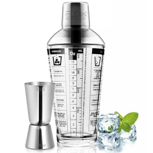 Image of FLOW Barware Glass Cocktail Shaker with Recipes On Side | Glass Cocktail Making Set Includes Spirit Measure, Measuring Glass & Recipes Plus Strainer All in One Shaker Set