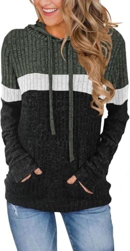 Image of ELFIN Women's Long Sleeve Ribbed Knit Hoodie Lightweight Sweatshirt Color Block Casual Pullover Sweater Tops with Pocket