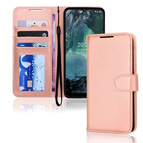 Image of TECHGEAR Case Fits Nokia G21 / G11 Leather Wallet Case, Flip Protective Case Cover Wallet Card Holder, Stand and Wrist Strap - Rose Gold PU Leather with Magnetic Closure Designed For Nokia G21, G11