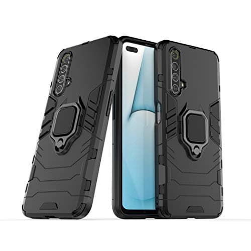 Image of LuluMain CELLULAR_PHONE_CASE for Realme X50 5G, Metal Bumper Heavy Duty Protection Rugged Cover with Kickstand (Black)