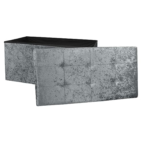 Image of DANIEL JAMES Housewares Large Fold Flat Ottoman Storage, Grey Velvet Velour Finish, Double Size, 76cm (L) x 38cm (W) x 38cm (H)