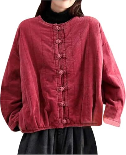 Image of Goolecrimp Winter Fashion Casual Quilted Jacket Women's Corduroy Jacket Lightweight Padded Coat Loose Fit Thickened Plate Button Warm Coat (Red,M)