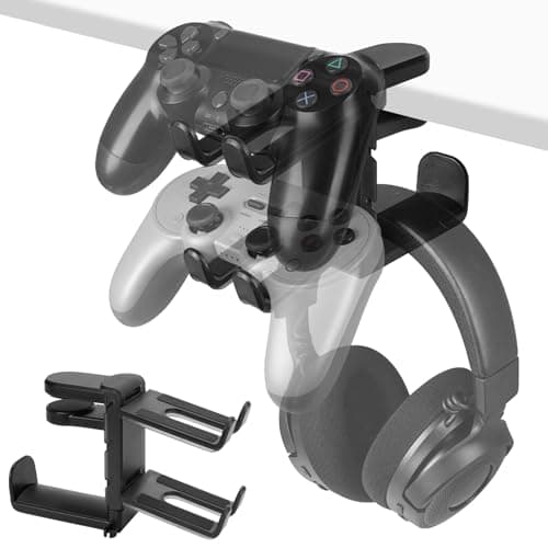 Image of GEEKRIA 3-in-1 PC Gaming Headset&Controller Holder, Under-Desk Headphone Stand Mount Holder with 360° Rotation Adjustable, Compatible with Bose, Sony, AKG, JBL, Sennheiser, B&O (Black)