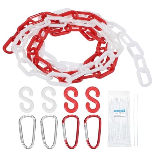 Image of sourcing map Plastic Chain 10 FT/3.1 M, Safety Chain Red White Plastic Chain Link Barrier with Zip Ties Buckle and S-Hooks for Crowd Control Queue Line Fence Decoration