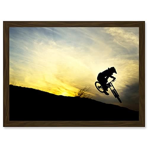 Image of Artery8 Art Sport MTB Downhill Run Mountain Bike Silhouette Bicycle Sunset Artwork Framed Wall Art Print A4