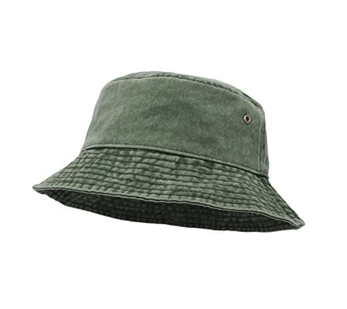 Image of UltraKey Bucket Hat, Wide Brim Washed Denim Cotton Outdoor Sun Hat Flat Top Cap for Fishing Hiking Beach Sports Army Green