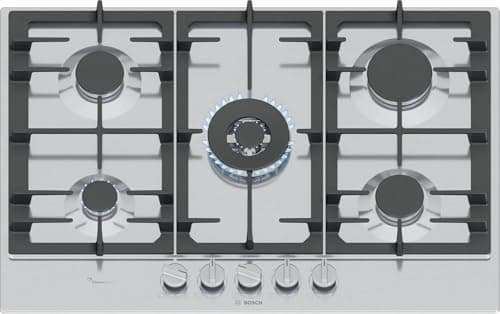 Image of Bosch PCQ7A5I90 Series 6, FlameSelect Gas Hob, Removable Magnetic Knobs, WOK, Cast Iron Grills, Steel, 75 cm