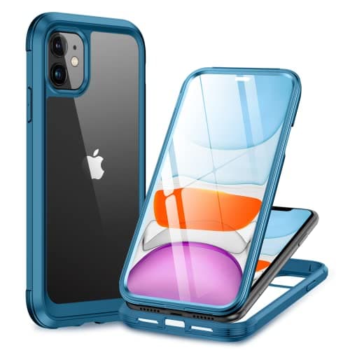 Image of Miracase Glass Case for iPhone 11 6.1 inches, [Built-in Glass Screen Protector] 2022 Upgrade Full Body Shockproof Rubber Bumper Clear Back Phone Case Cover Compatible with iPhone 11 (Light Blue)