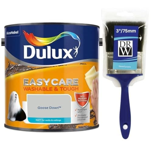 Image of Goose Down Dulux Easycare Matt Emulsion Paint 2.5L + 3" Emulsion Paint Brush – Washable & Stain Resistant, Durable Matt Finish, Quick Dry, Low Odour Interior Wall & Ceiling Paint