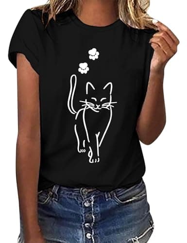 Image of Lonya Women's T-Shirt Black Crew Neck Short Sleeve Tunic Tee Shirt Casual Cute Graphic Print Basic Fashion Tshirts Kitten,S