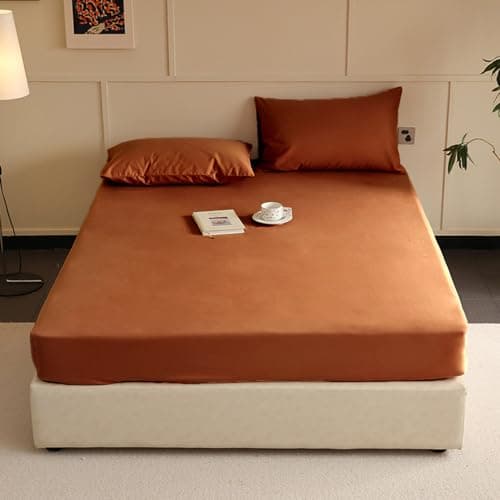 Image of Menkala Fitted Sheet 90 x 200 cm Caramel Brown Plain Mattress Protector Super Soft Polyester Microfibre Fitted Sheet for Mattress Topper up to 25 cm