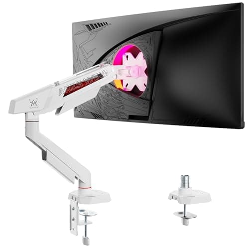 Image of ARES WING Single Monitor Arm for 17-40 Inch Flat Curved Ultrawide Screens Up to 26.4lbs, Fully Adjustable Single Monitor Mount, C-Clamp & Grommet Base, 75/100 Vesa Mount, White