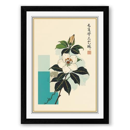 Image of Blossom in Blue Vase Japandi Framed Wall Art Print A4 (29.7×21cm) Black, Wall Decor for Living Room, Bedroom, Office & Home, Ready to Hang, Art Gift