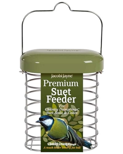 Image of Fat Ball Feeder - Jacobi Jayne® Hanging Suet Feeder - Holds up to 6 Fat Balls or 2 Suet Cakes - Metal Squirrel Proof Bird Feeder for Wild Birds - Fat Ball Holder for Garden Birds (Green)