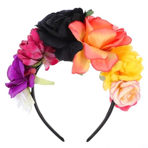 Image of Amabro Halloween Headbands, Floral Day of the Dead Headband Mexican Flower Rose Crown Headpiece Halloween Cosplay Party Headdress Costume Hair Wreath Decorations for Women Men(Style B)