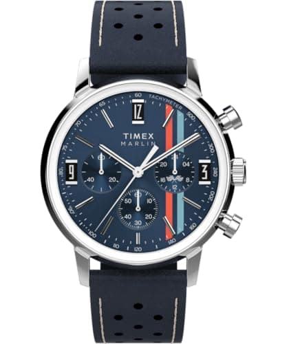 Image of Timex Men's Marlin Chronograph Tachymeter 40 mm Watch - Blue Leather Strap with Blue Dial and Stainless Steel Case TW2W99000