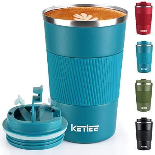Image of Travel Mugs,KETIEE 380ml Insulated Coffee Cup with Leakproof Lid,Reusable Double Walled Coffee Mug,Stainless Steel Thermal Cup for Hot Cold Drinks,Blue