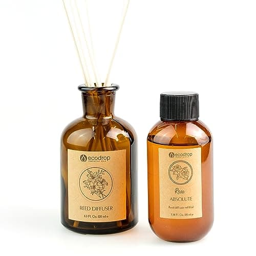 Image of Ecodrop Rose Reed Diffuser Set - 100ml | Relaxing & Luxurious Rose Scented Aromatherapy Fragrance Oil, a Glass Bottle & 6 Wooden Reed Sticks | Office & Home Spa Gift for Kitchen, Bedroom & Bathroom