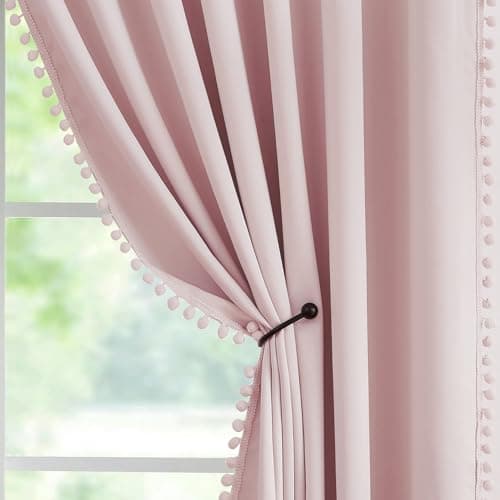 Image of Abstractex Pom Pom Pink Blackout Curtains for Living Room Girls Room Eyelet Ring Top 54 inch Long Thermal Insulated Drapes for Bedroom Room Darkening Curtain Panels for Nursery 54" W 2 Panels
