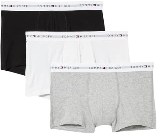 Image of Tommy Hilfiger Men’s 3 Pack Trunks with Logo Waistband, Multicolor (Grey Heather/Black/White), M