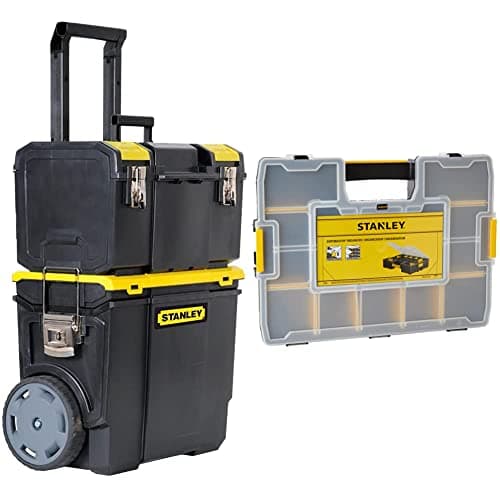 Image of STANLEY 3 in 1 Rolling Work Centre Toolbox with Pull Handle, Detachable Toolbox with Portable Tote Tray, 1-70-326 & Professional Organiser, Tool Box, Tool Organiser, Sort Master Seal Tight STA194745