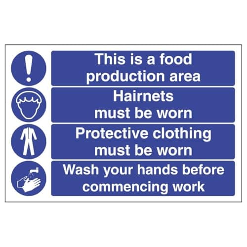 Image of V Safety This Is A Food Production Area - Hairnets 300 x 200 mm - Self Adhesive Vinyl - Aluminium Effect Safety Sign