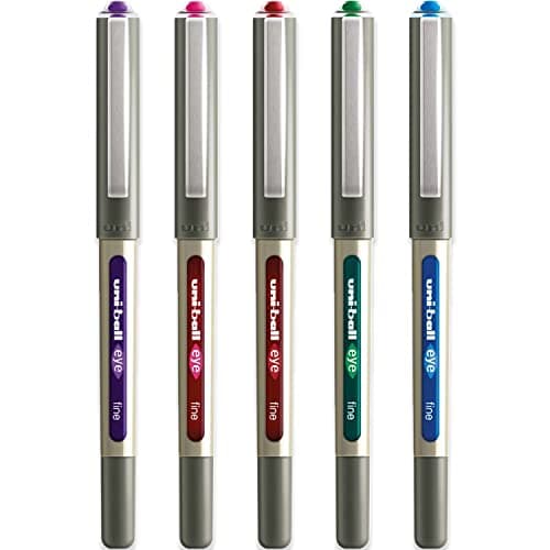 Image of Uni-Ball UB-157 Eye Rollerball Pen Set - Pack of 5 Swatch Colours (Violet, Pink, Red, Green, Light Blue) UB157