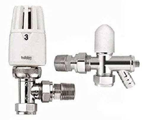Image of Pegler Bulldog 15mm Drain Off Angled TRV Thermostatic Radiator Valve & Lockshield D/O x 1
